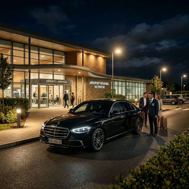 Véhicule VTC de luxe garé de nuit à l'aéroport