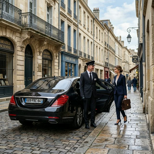 Chauffeur VTC ouvrant la portière pour un client affaires