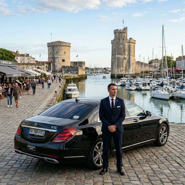 Chauffeur VTC et son véhicule garés près du Vieux-Port de La Rochelle