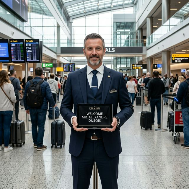 Chauffeur VTC professionnel avec pancarte d'accueil à l'aéroport